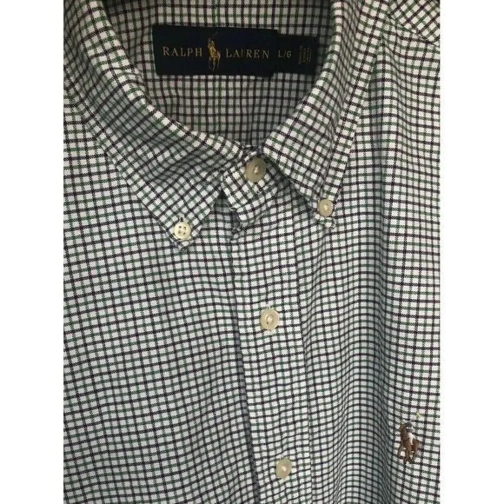 Ralph Lauren Men's Large Long Sleeve Button Pony Shirt Blue‎ Green Check *Stain